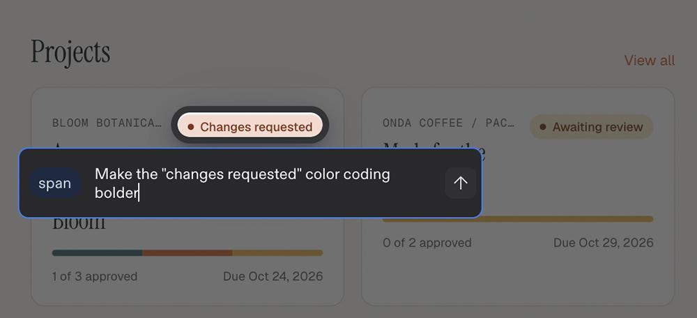 Replit’s design mode with a prompt asking to make the changes requested color coding bolder on a project card.