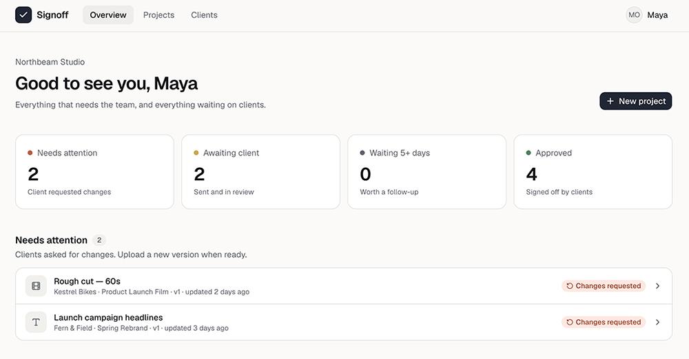 The Signoff overview built by v0, with counts for needs attention, awaiting client, waiting five or more days and approved.