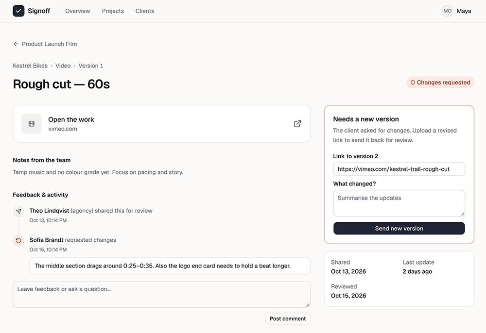 A Signoff deliverable page with the link to the work, a feedback and activity feed, and a form to send a new version.