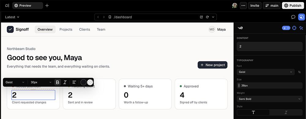 v0’s design editor open on the Signoff dashboard, with typography controls for a selected number.