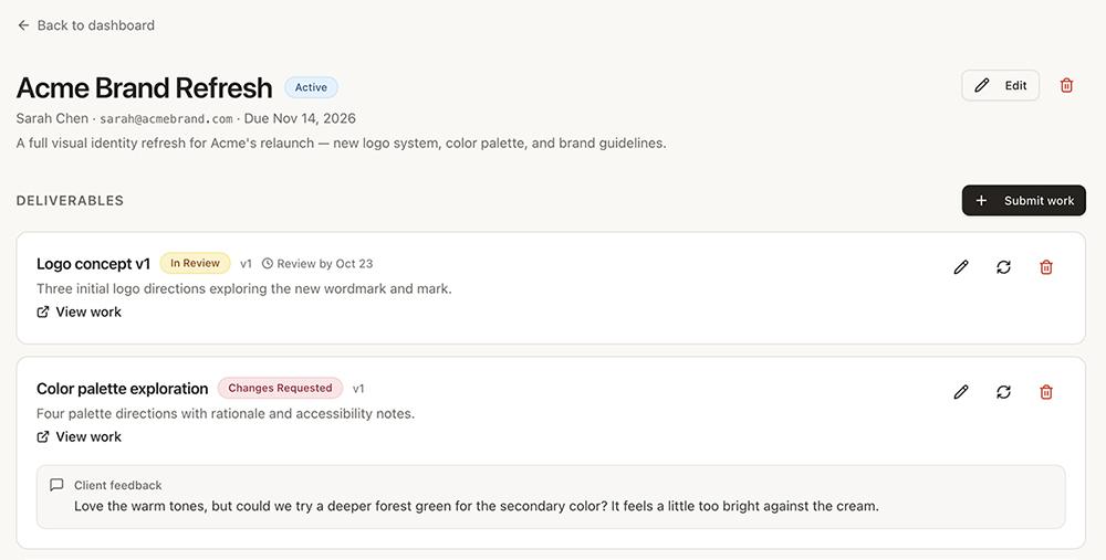 An AtelierApprove project page listing deliverables with their status, edit controls and client feedback.