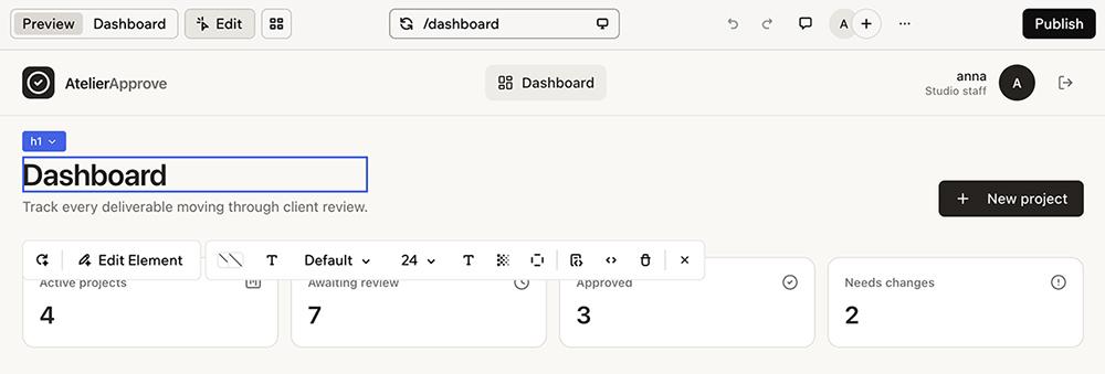 Base44’s manual editor open on the AtelierApprove dashboard heading, with an element toolbar.