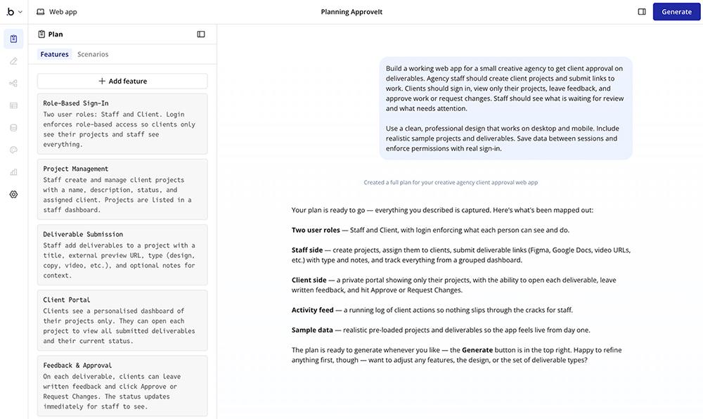 Bubble’s plan for the ApproveIt app, listing features such as role-based sign-in, project management, deliverable submission, a client portal and feedback.