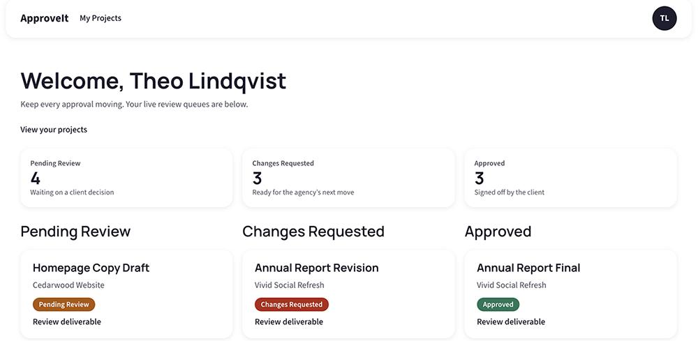 The ApproveIt dashboard built by Bubble, a plain black-and-white layout with pending, changes requested and approved columns.
