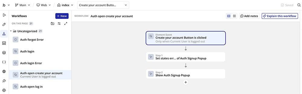 Bubble’s workflow editor showing the steps that run when the Create your account button is clicked.