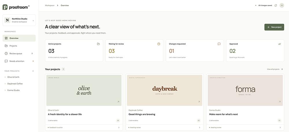 The Proofroom workspace built by ChatGPT Sites, with review counts and project cards for three studios.