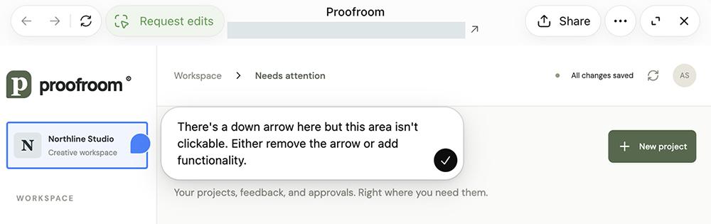 A ChatGPT Sites annotation on the Proofroom sidebar, asking to remove a down arrow that is not clickable or to make it work.