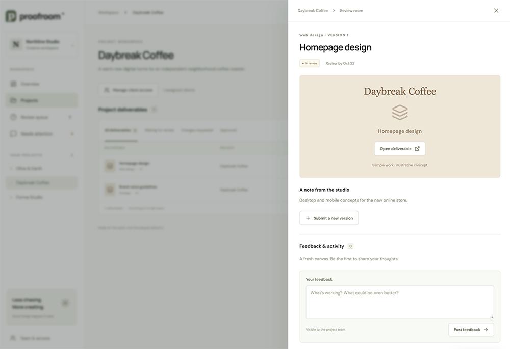 The Proofroom review panel for a homepage design deliverable, with the deliverable link and a feedback form.
