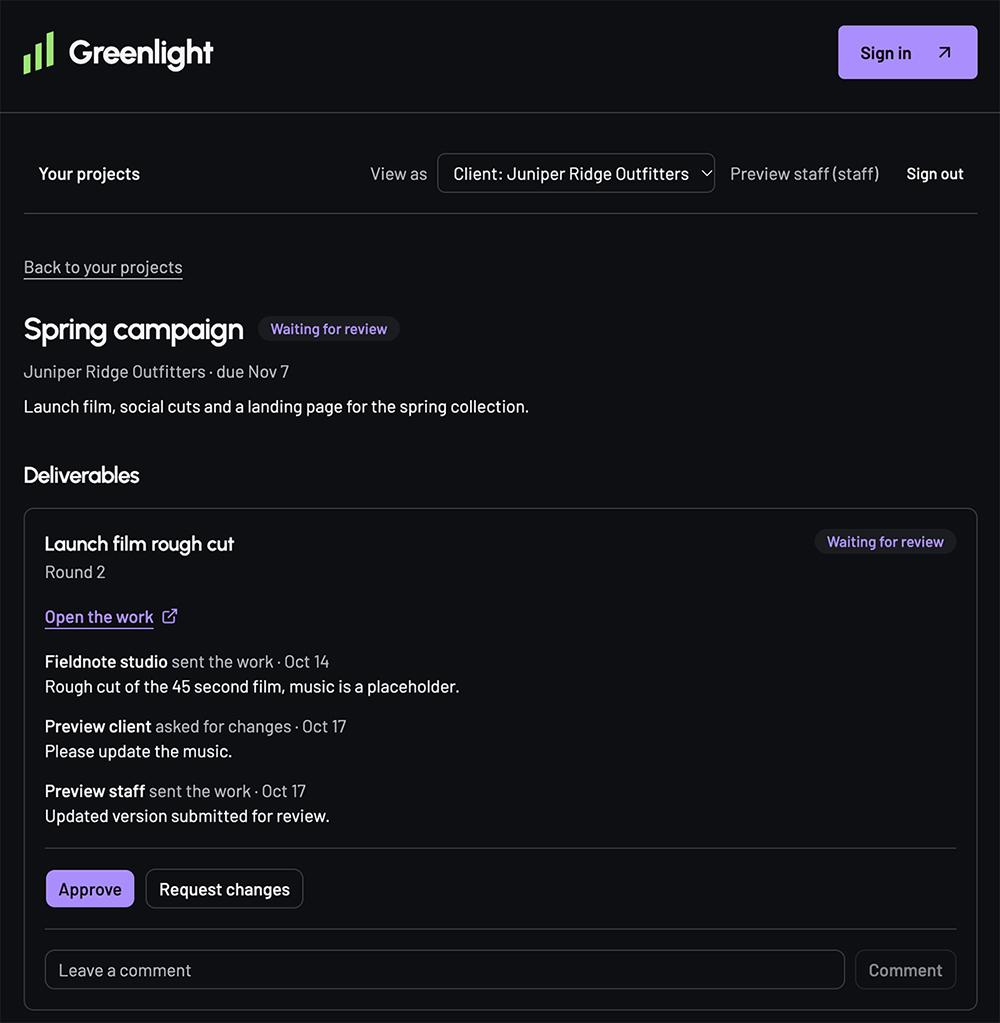 A Greenlight client view of a project, showing a deliverable’s review history with Approve, Request changes and comment controls.