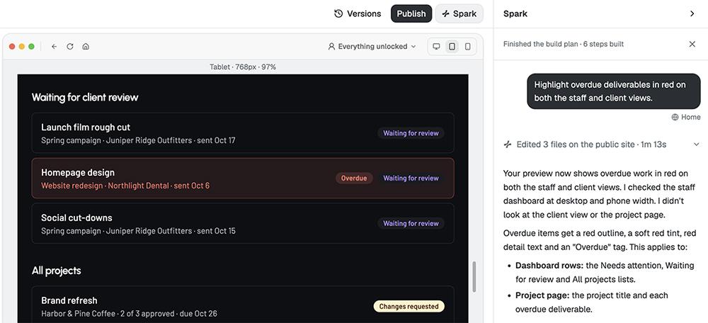 Spark’s editor previewing the Greenlight dashboard with overdue deliverables highlighted in red, beside the chat where the change was requested.
