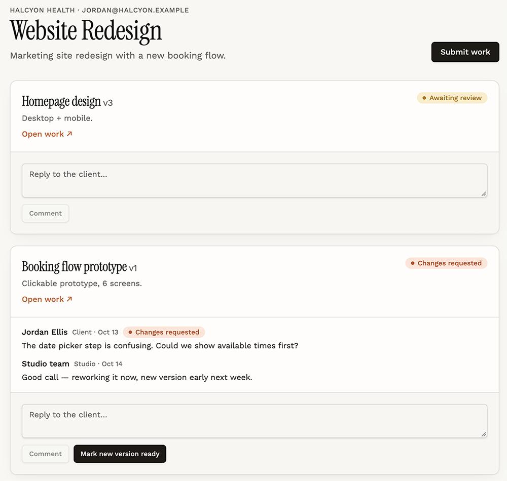 A Proofline project page for a website redesign, showing deliverables with their status and a client comment thread.