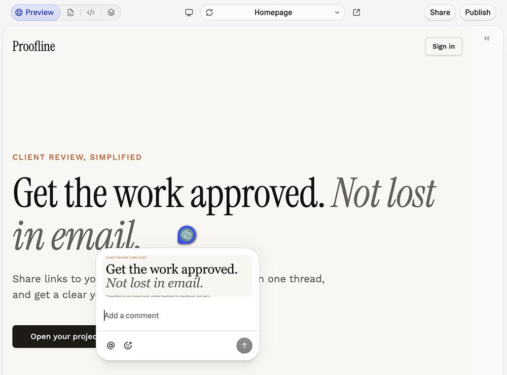 Lovable’s preview of the Proofline home page with a comment box open on the headline for a targeted edit.