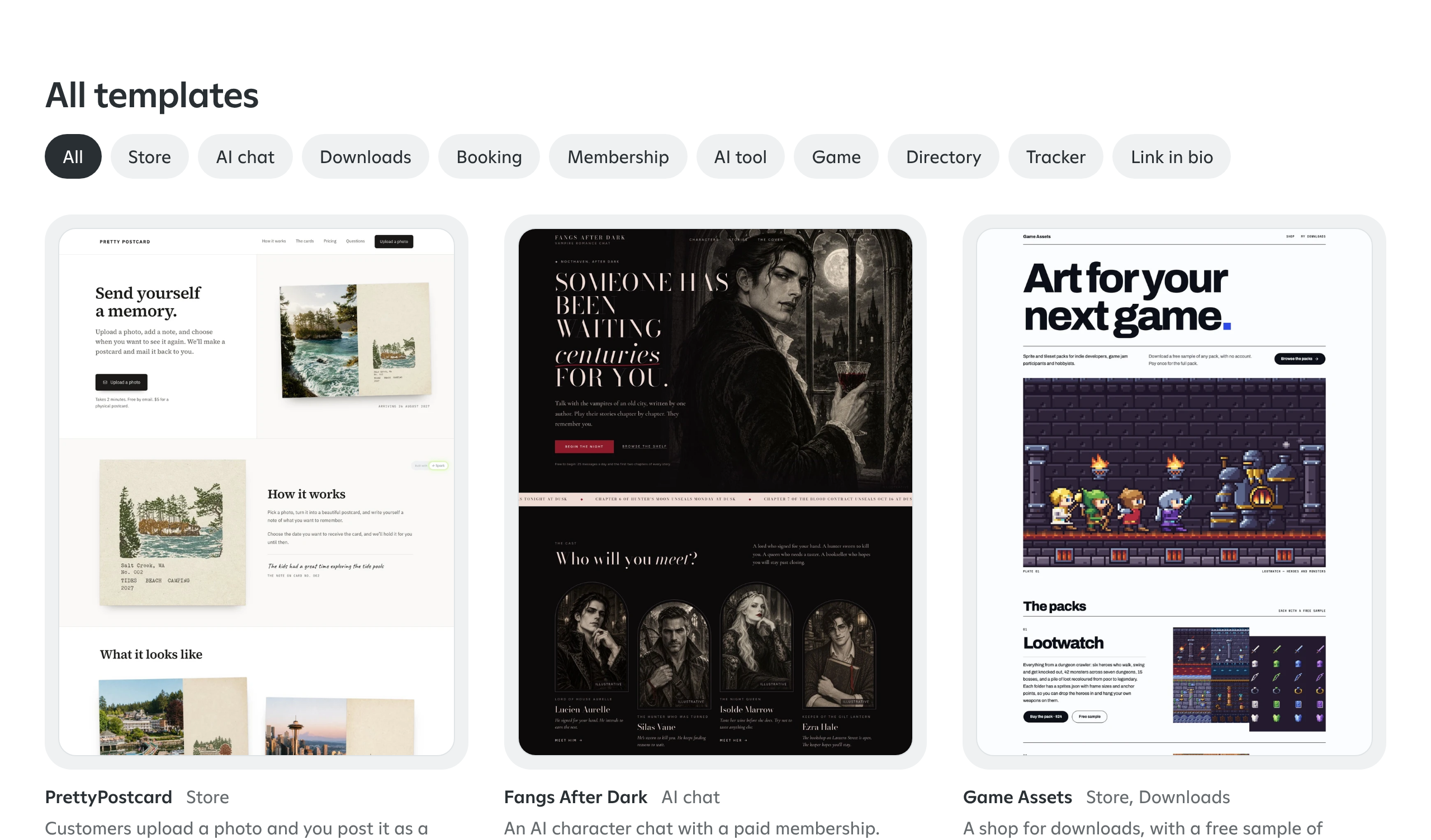 The Spark business templates gallery, showing the PrettyPostcard, Fangs After Dark and Game Assets templates.