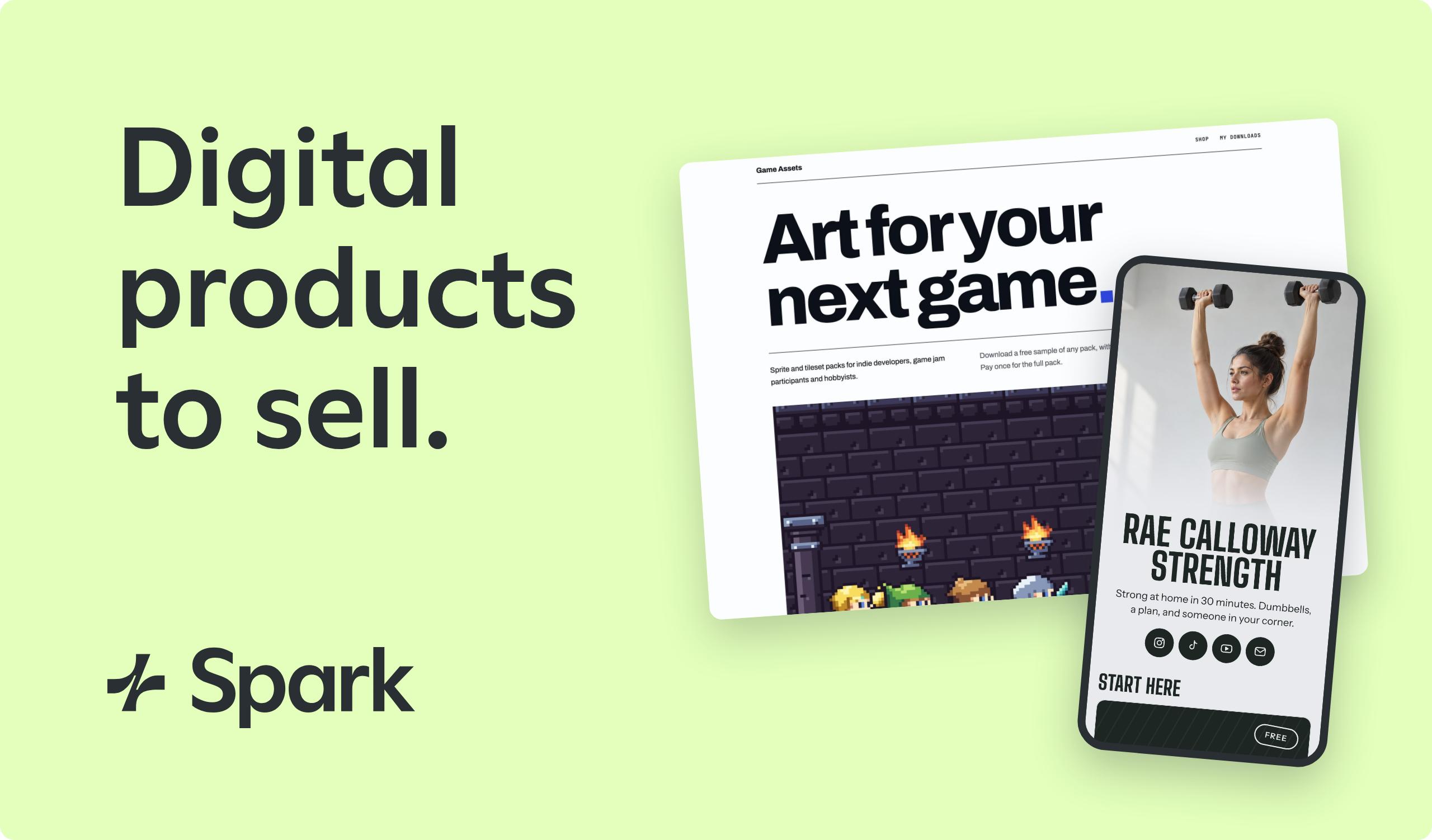 ‘Digital products to sell.’ with the Spark logo, beside the Game Assets store home page and the Shop the Bio link-in-bio page on a phone.