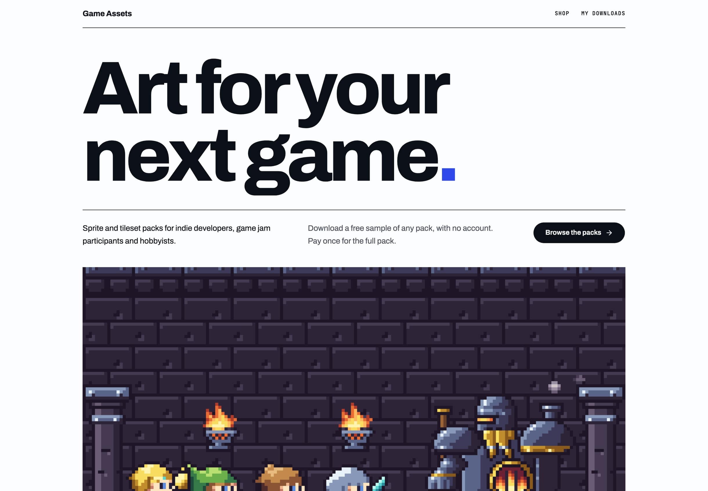 The Game Assets home page: “Art for your next game.” above a pixel-art dungeon scene, with a Browse the packs button and a note that every pack has a free sample.