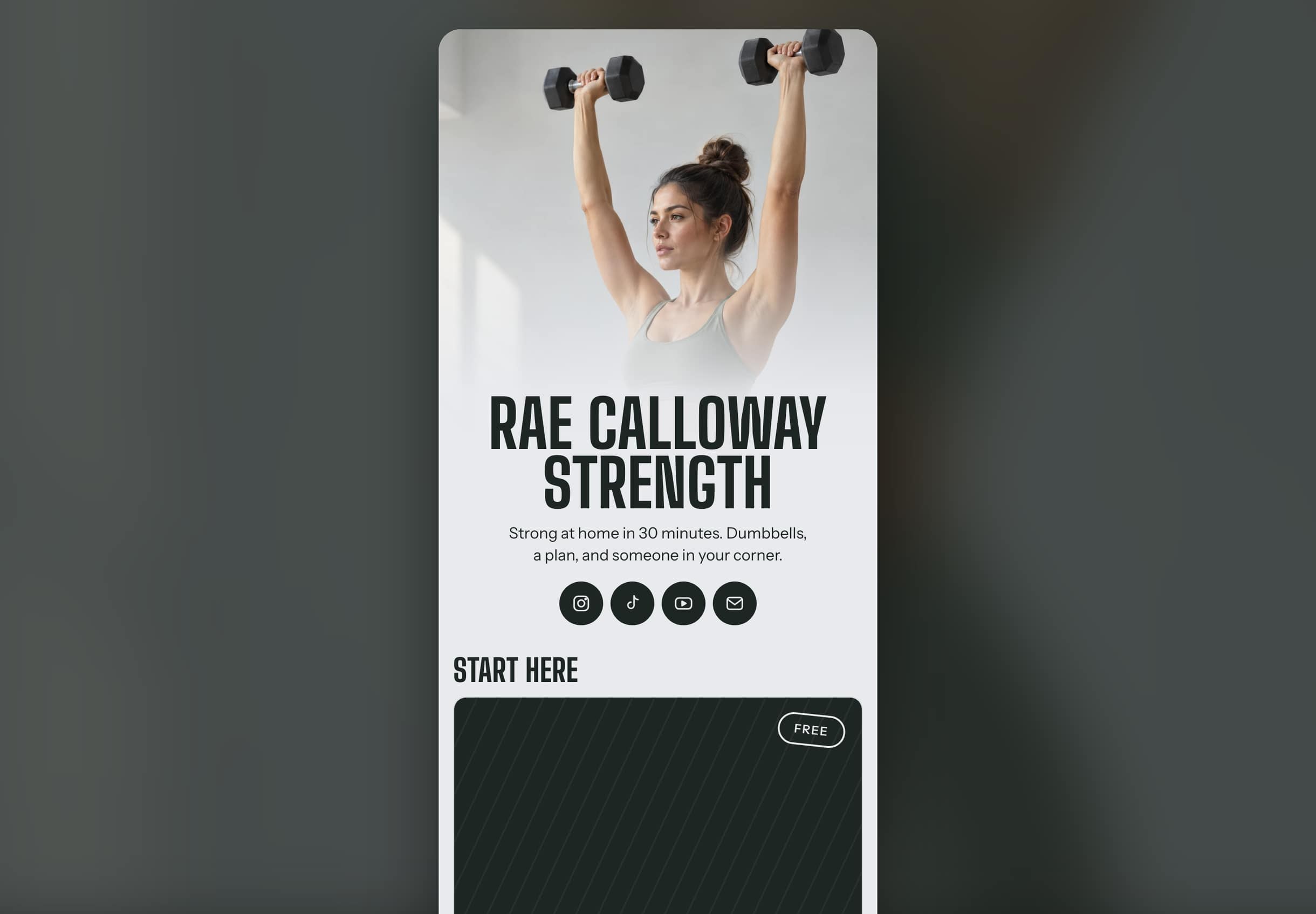 A Shop the Bio page on a phone: Rae Calloway Strength, a photo of Rae lifting dumbbells, links to Instagram, TikTok, YouTube, and email, and a free guide under Start here.