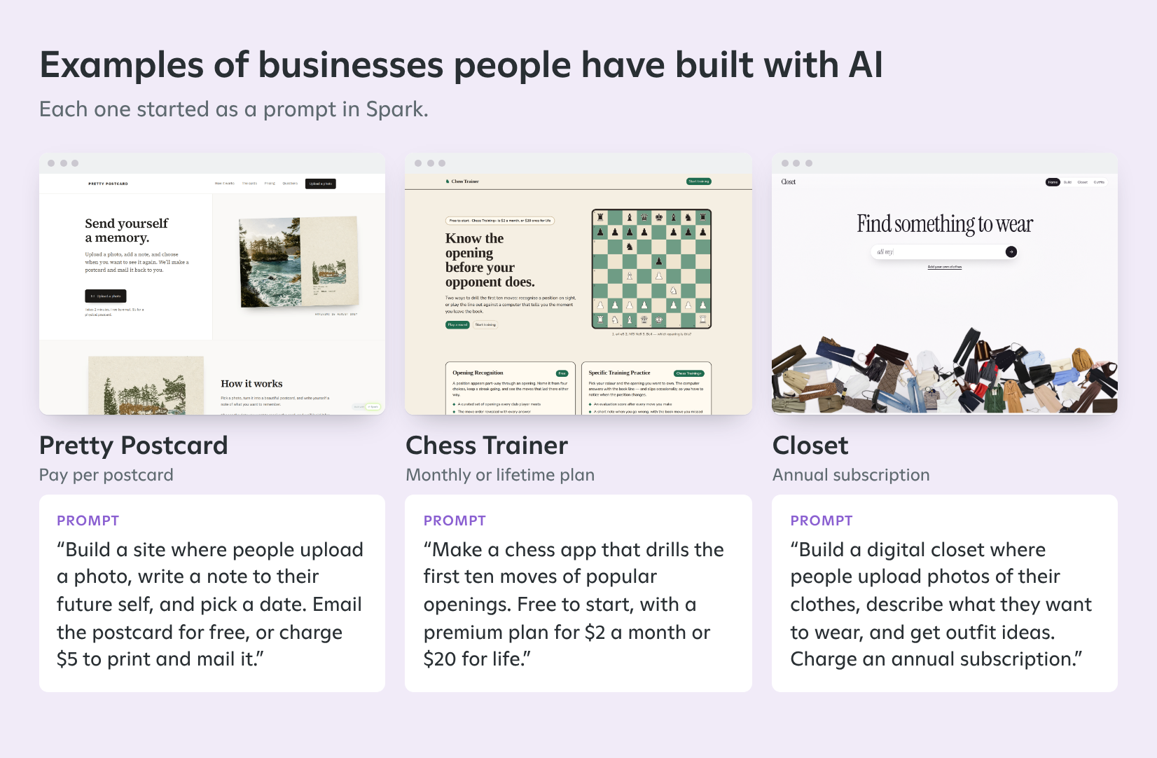 Examples of businesses people have built with AI on Spark. Pretty Postcard charges $5 to print and mail a postcard. Chess Trainer is free to start, with a premium plan for $2 a month or $20 for life. Closet is a digital closet that suggests outfits, sold as an annual subscription.