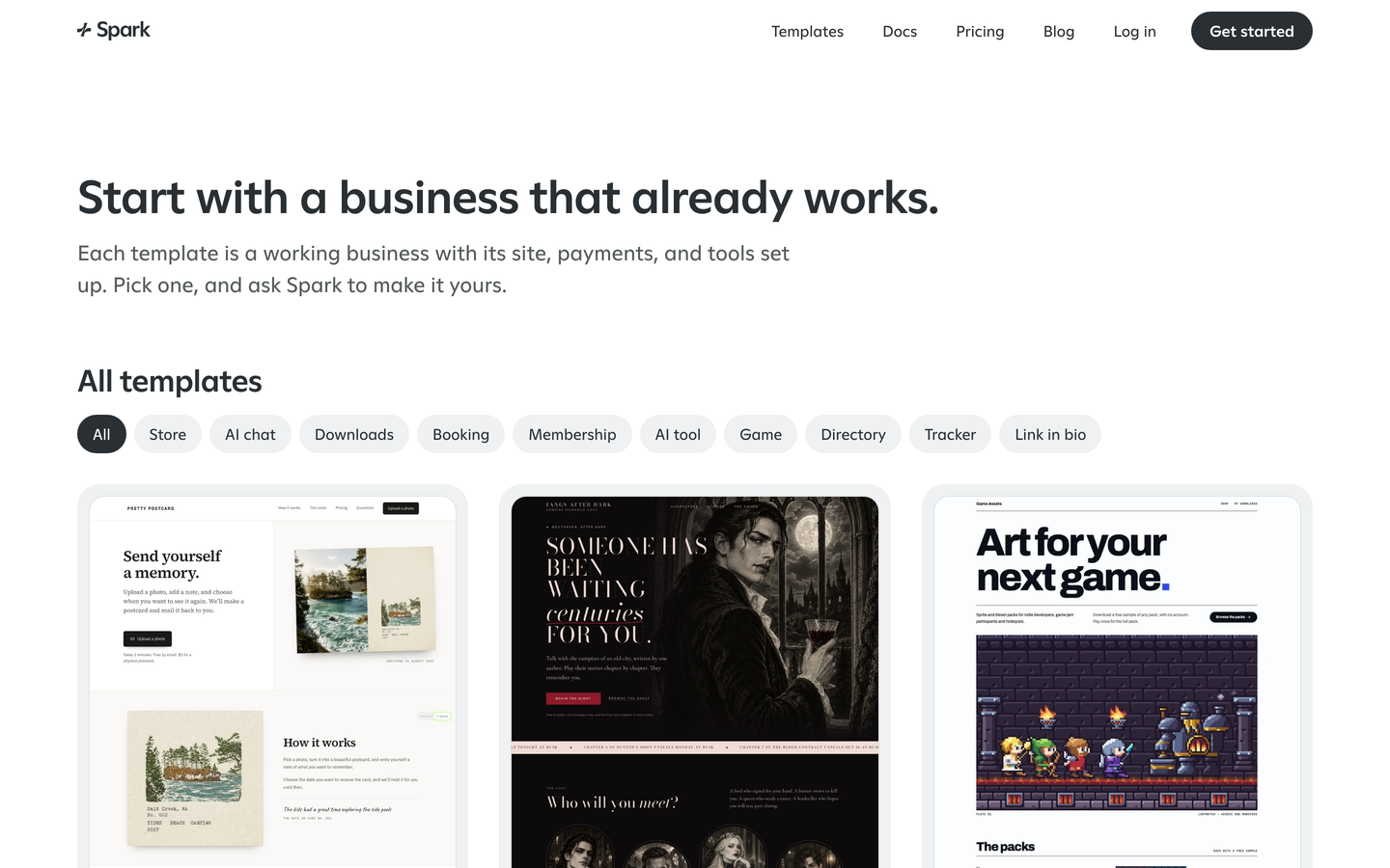 The Spark business templates catalog: "Start with a business that already works," filters by kind, and the first templates, PrettyPostcard, Fangs After Dark and Game Assets