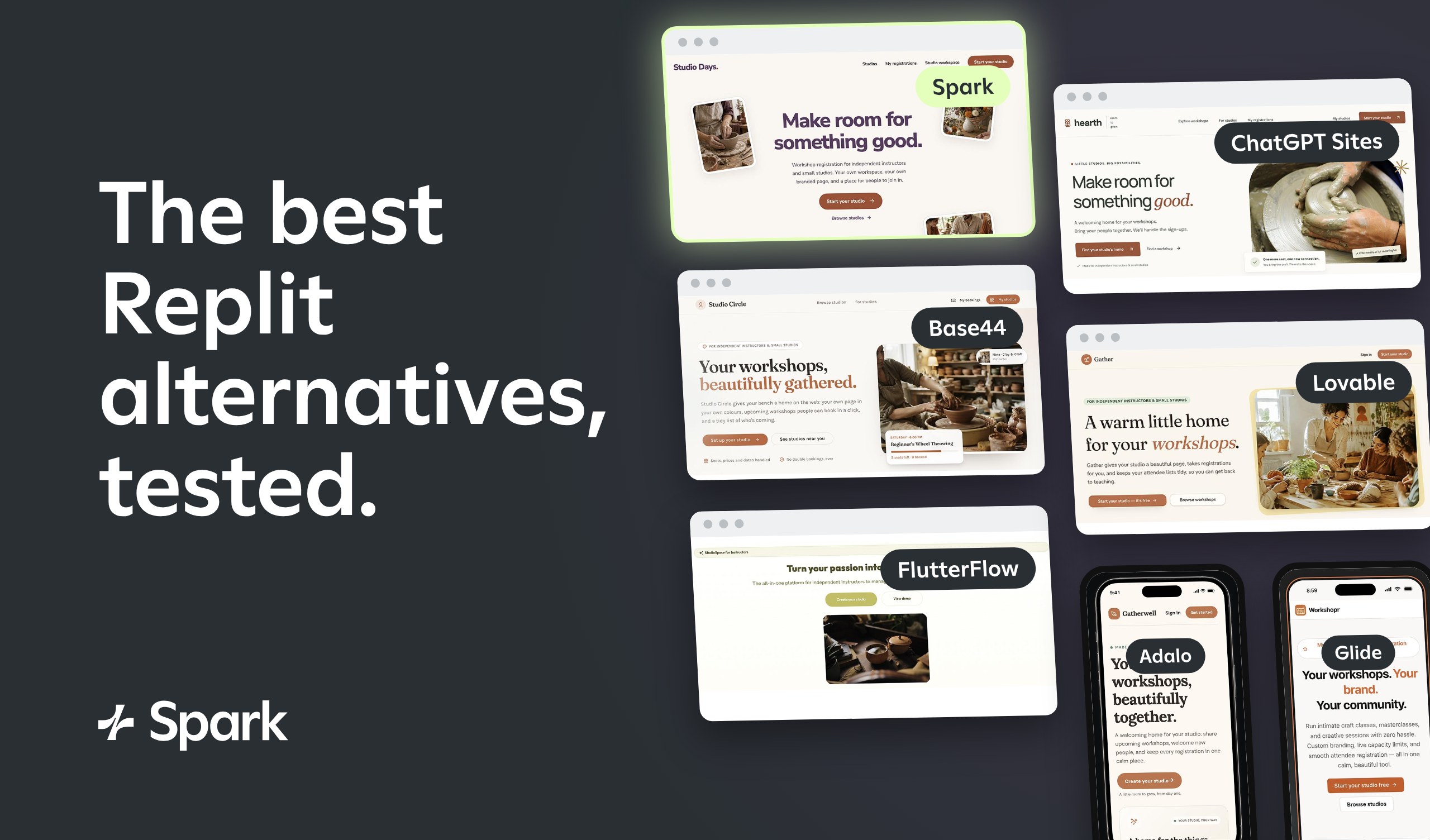 ‘The best Replit alternatives, tested.’ beside the workshop apps that Spark, ChatGPT Sites, Base44, Lovable, FlutterFlow, Adalo, and Glide built in the test, with the Spark logo.