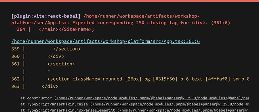 A Replit build error: a Vite plugin reports a missing closing tag for a div in App.tsx, followed by the lines of code around it.