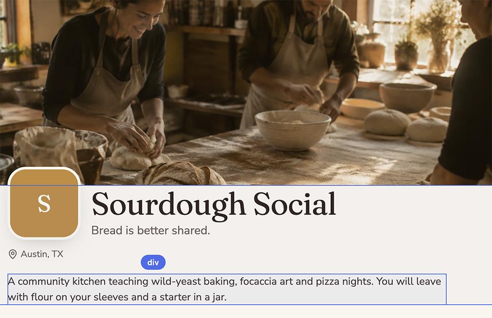 Lovable’s visual editor on the Sourdough Social studio page, with the description paragraph selected.