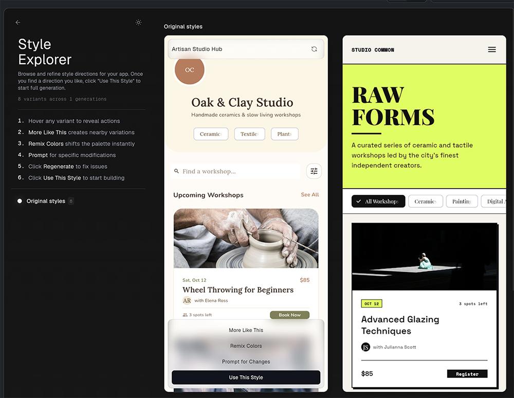 FlutterFlow’s Style Explorer showing two suggested styles for the app, Oak & Clay Studio and Raw Forms, with options to remix colors or use a style.