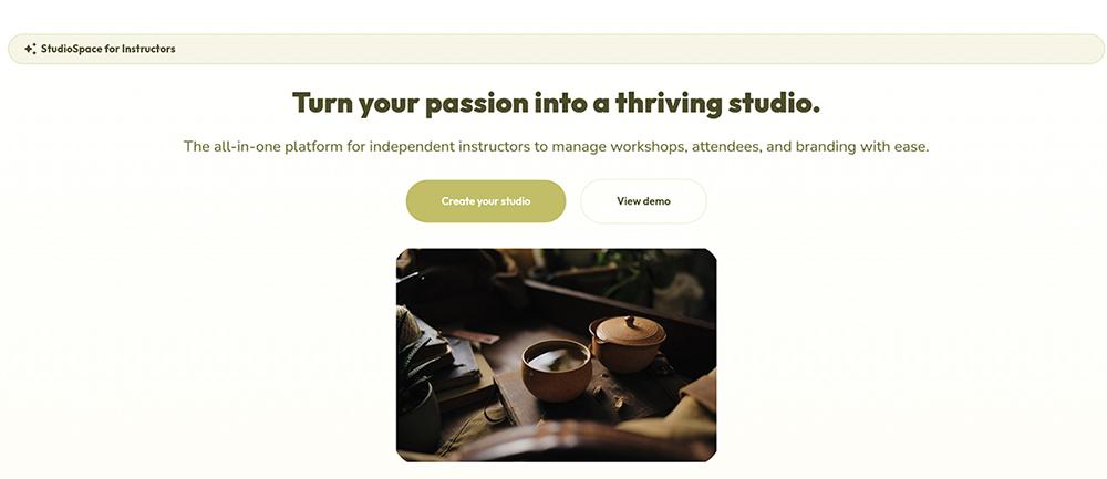 A FlutterFlow screen for StudioSpace: “Turn your passion into a thriving studio.” with Create your studio and View demo buttons above a photo.