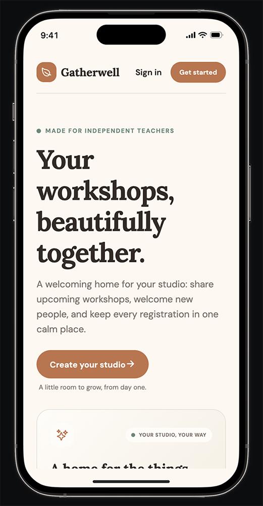 Adalo’s phone preview of the Gatherwell home page: “Your workshops, beautifully together.” with a Create your studio button.