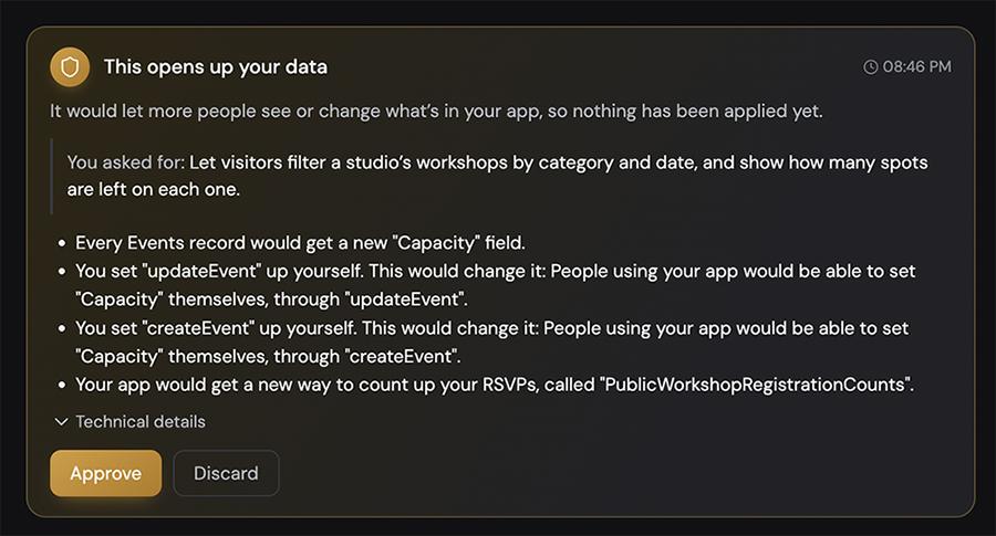 An Adalo warning titled “This opens up your data,” listing the changes a requested filter would make, with Approve and Discard buttons.