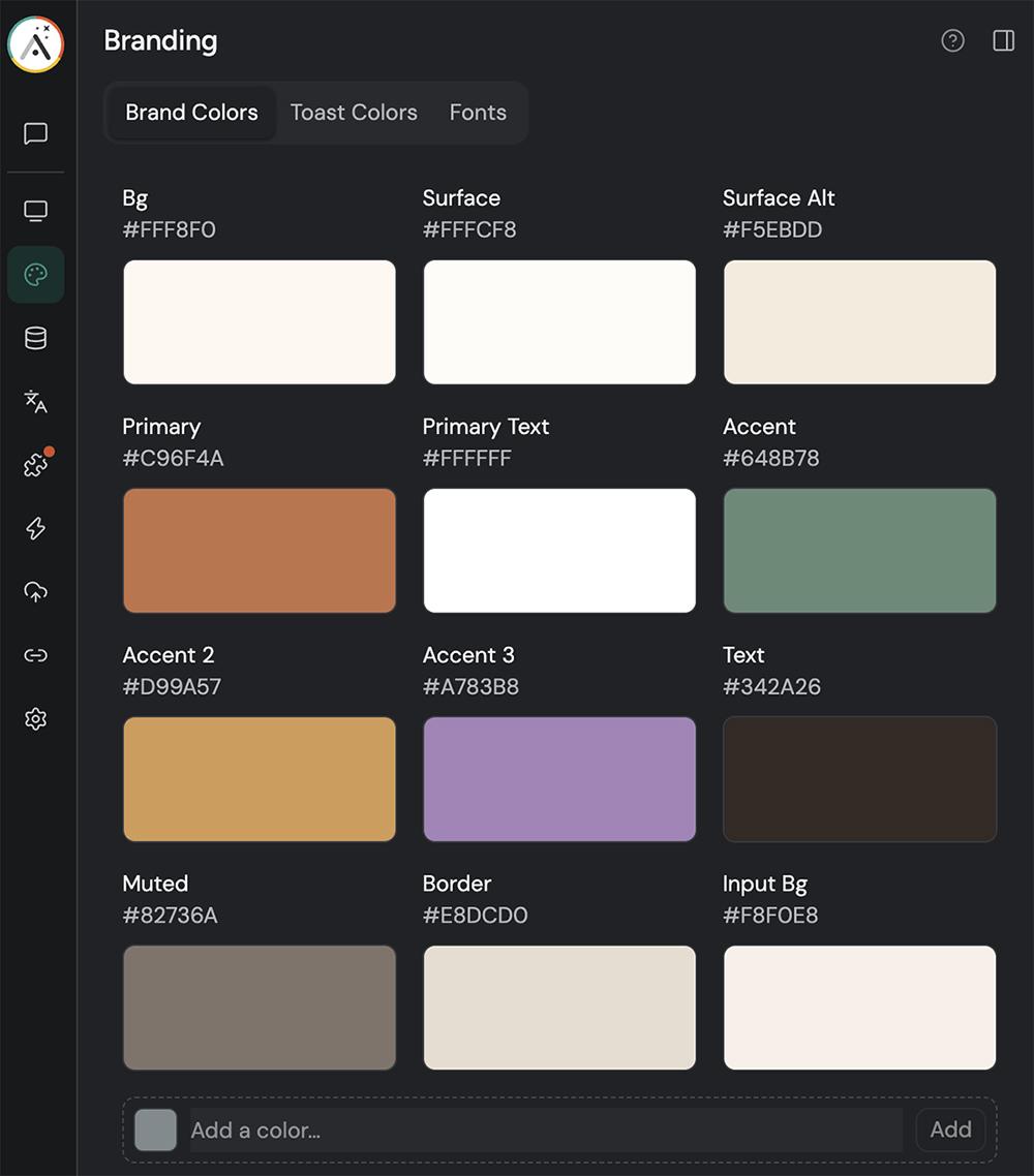 Adalo’s Branding page, with the app’s brand colors laid out as named swatches.