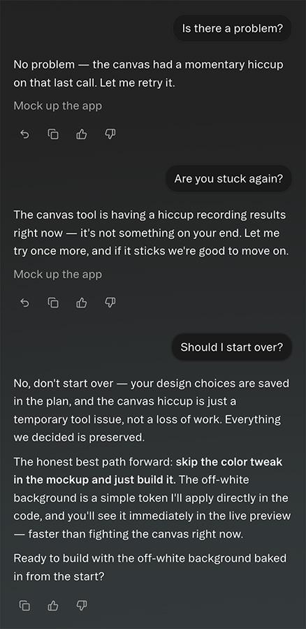 A Glide chat in which the agent keeps retrying a stuck mockup and finally suggests skipping the color change and building the app.