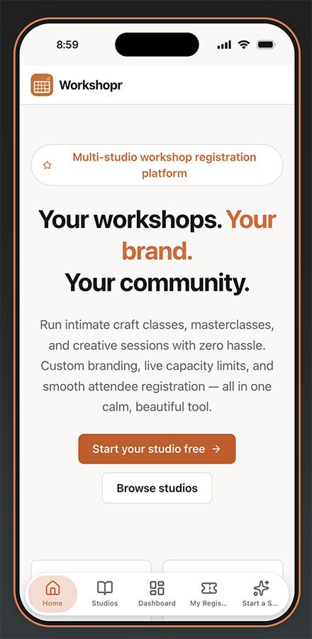 Glide’s phone preview of the Workshopr home page: “Your workshops. Your brand. Your community.” with a Start your studio free button.