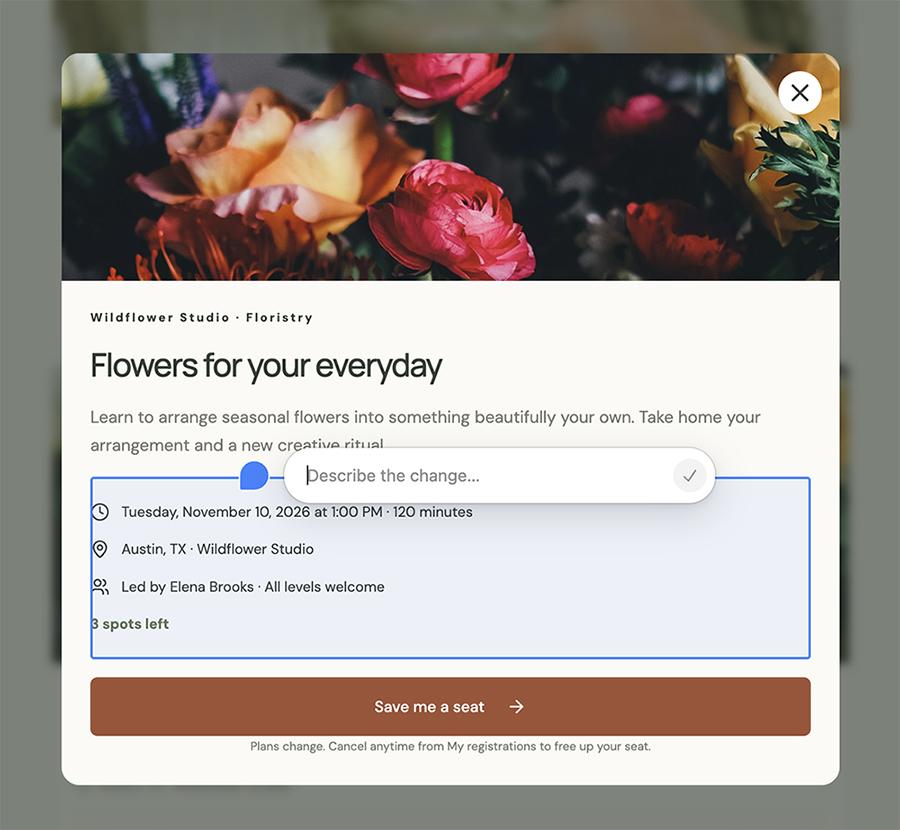 Editing in ChatGPT Sites: a workshop sign-up window for Wildflower Studio with the event details selected and a Describe the change box above them.