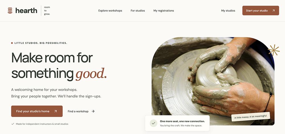 The Hearth home page that ChatGPT Sites built: “Make room for something good.” beside a photo of hands shaping clay on a pottery wheel.