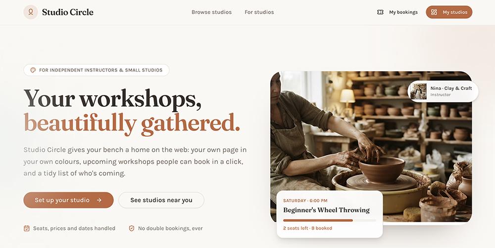 The Studio Circle home page that Base44 built: “Your workshops, beautifully gathered.” beside a pottery studio photo and a Beginner’s Wheel Throwing card.