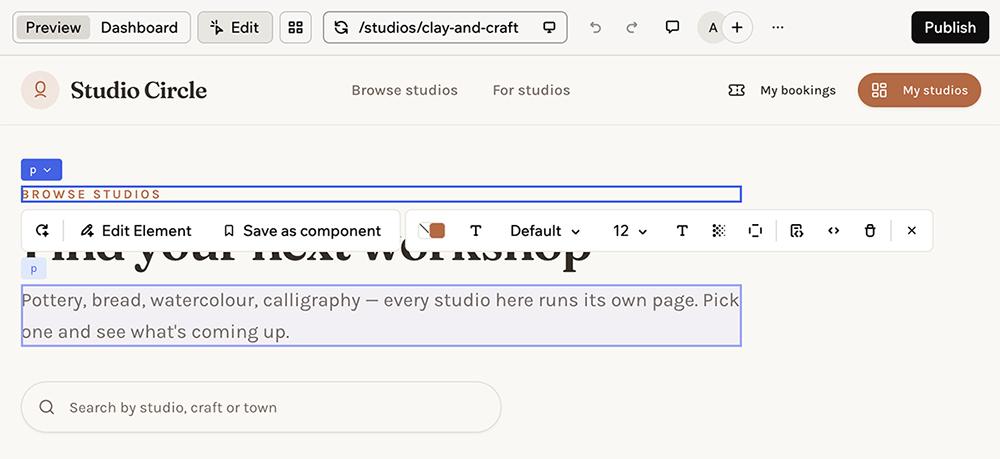 Base44’s visual editor on the Studio Circle browse page, with a paragraph selected and a toolbar for color, font, and size.