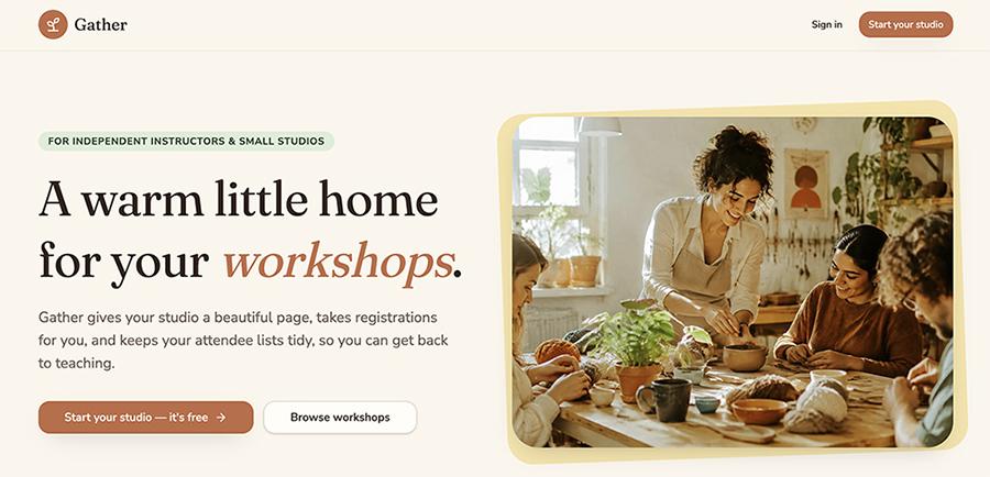 The Gather home page that Lovable built: “A warm little home for your workshops.” beside a photo of a group making pottery around a table.