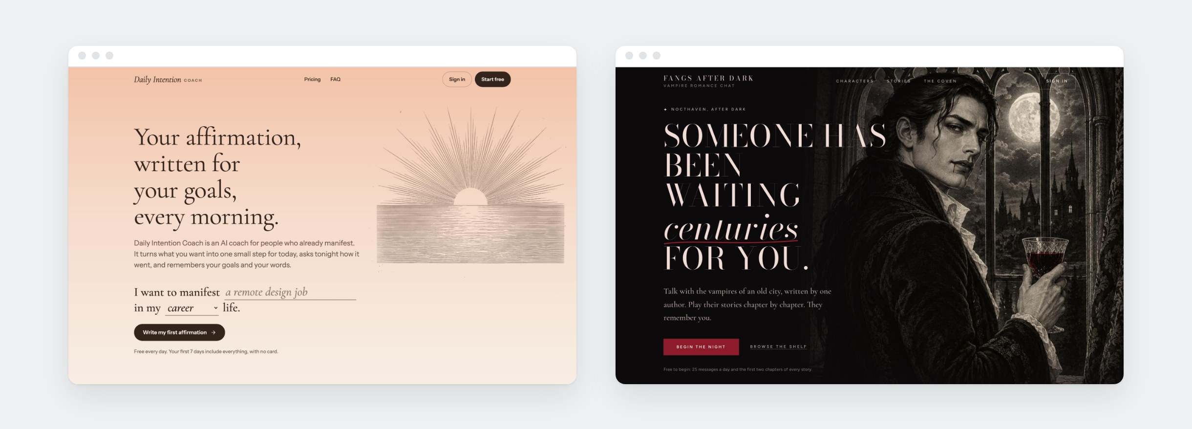 The Daily Intention Coach and Fangs After Dark templates: an AI coach that writes a daily affirmation, and an AI character chat with vampire characters.