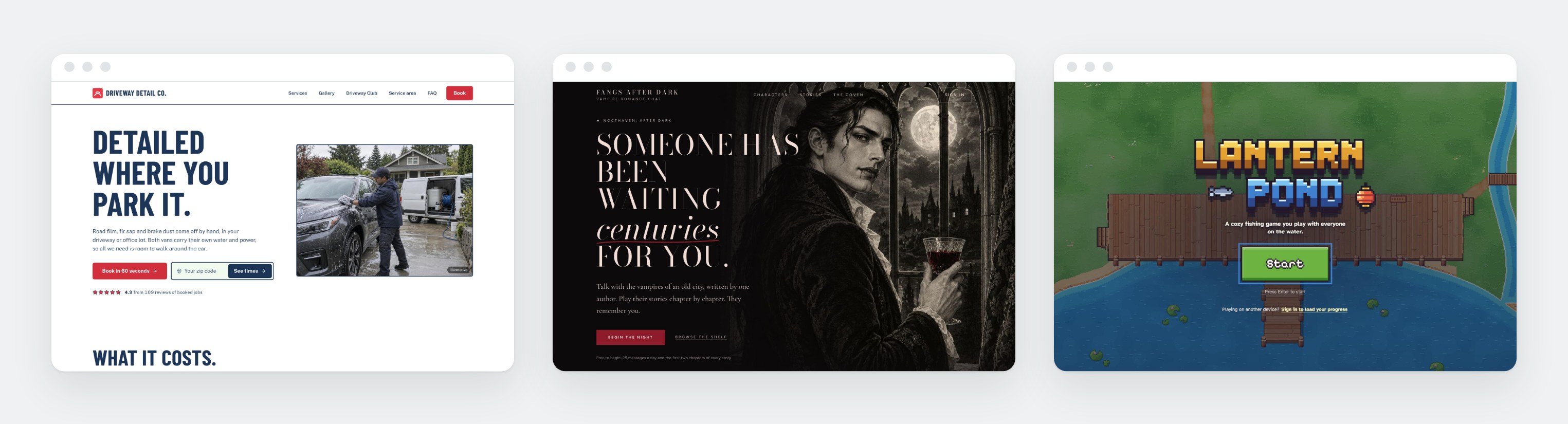 Three Spark business templates in browser windows: the Driveway Detail Co. car detailing site, the Fangs After Dark AI character chat, and the Lantern Pond fishing game.