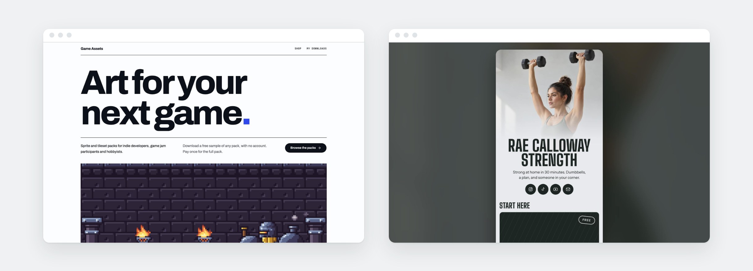 The Game Assets and Shop the Bio templates: a store of pixel-art packs for game developers, and a link-in-bio page that sells digital downloads.