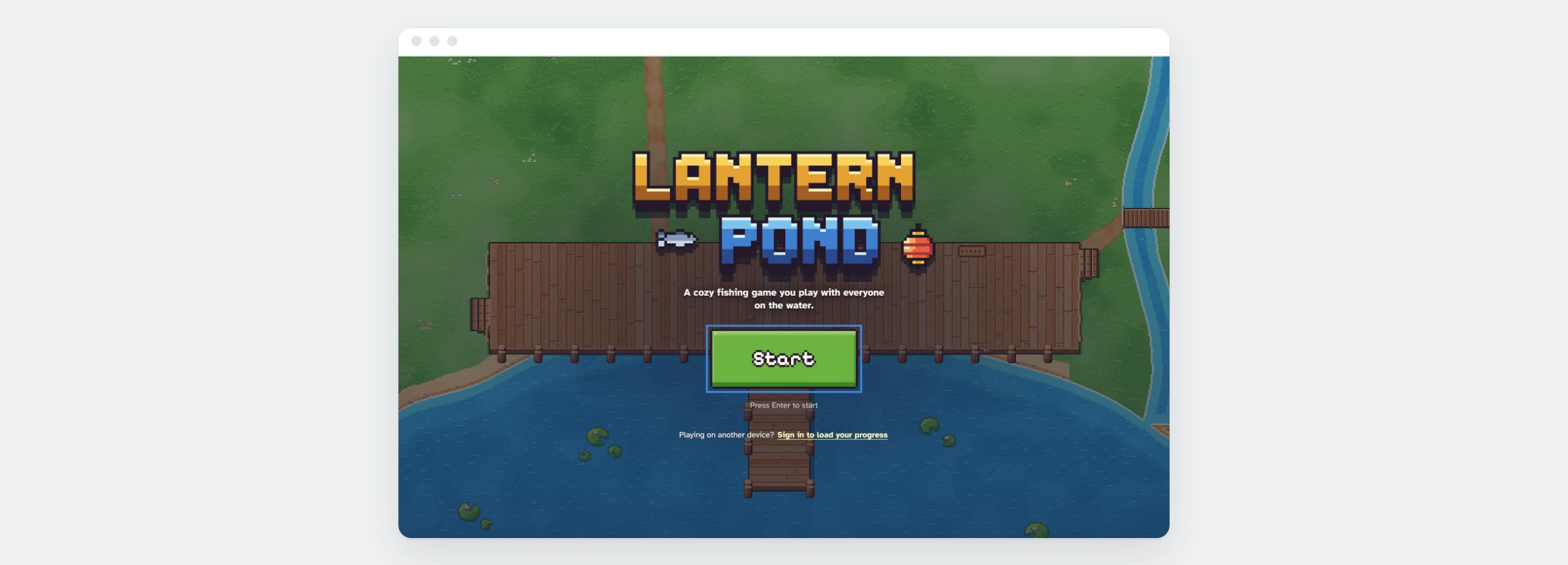 The Lantern Pond template: a pixel-art multiplayer fishing game with a Start button.