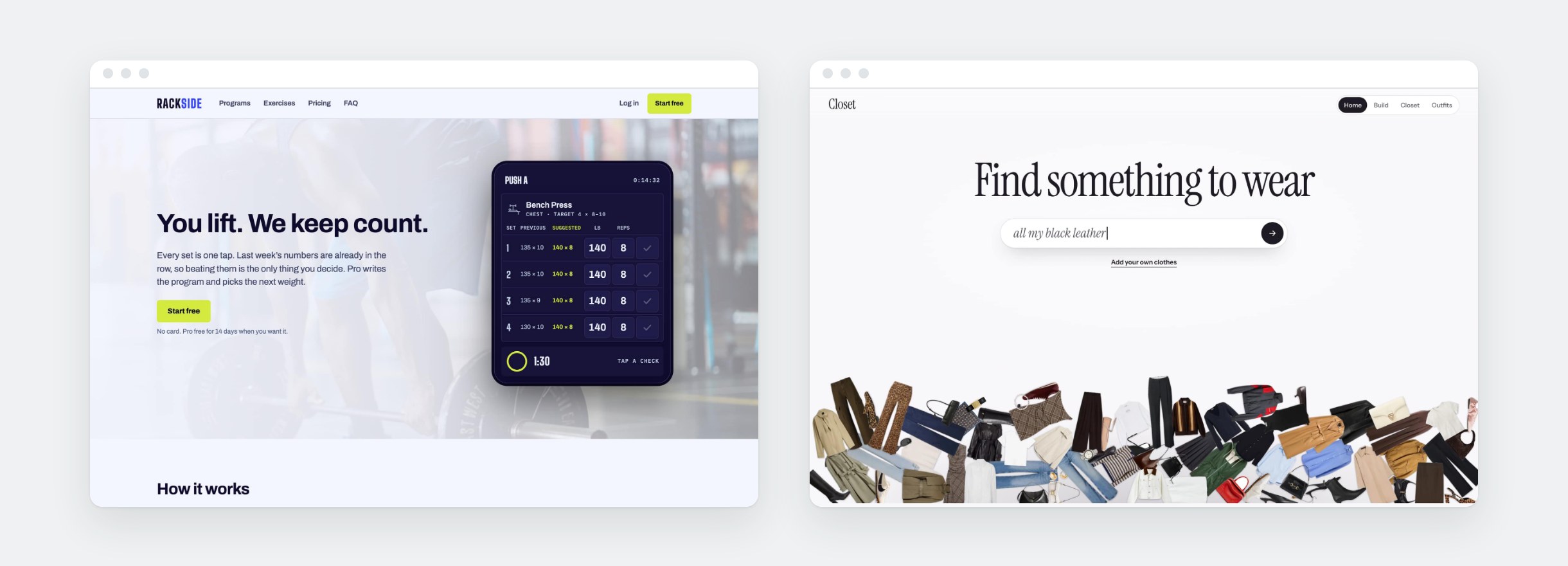 The Rackside Workout Tracker and Closet templates: a workout tracker logging bench press sets, and an app that builds outfits from clothes you own.