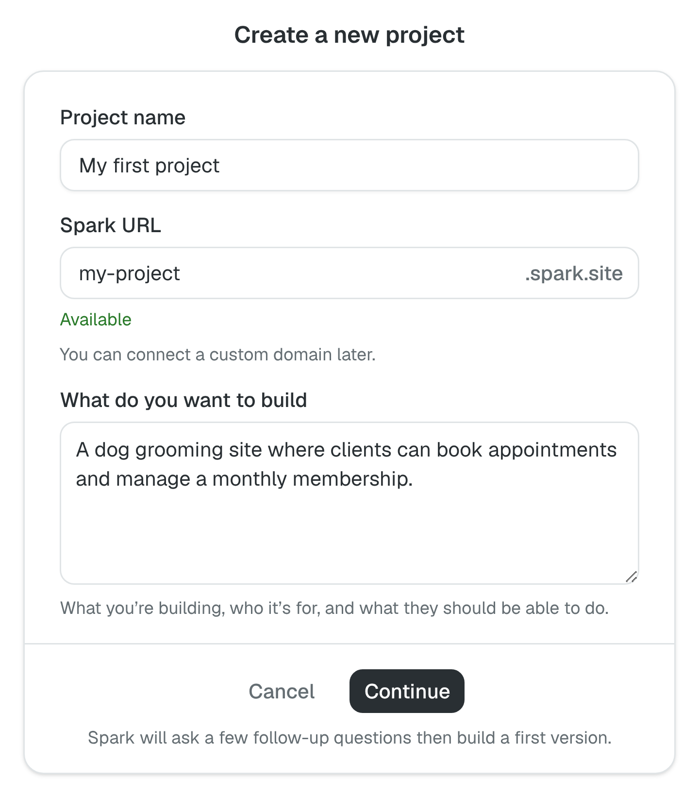 The Create a new project form, with fields for a project name, URL, and description.