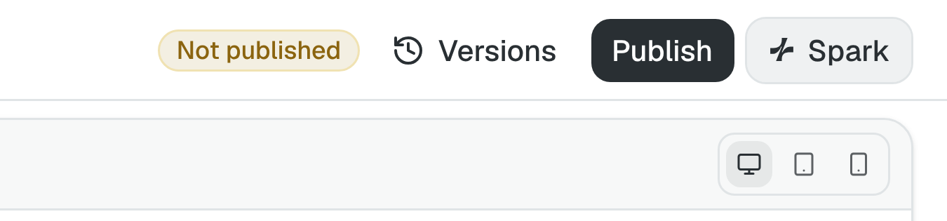The public-site toolbar showing Not published, Versions, Publish, and Spark.