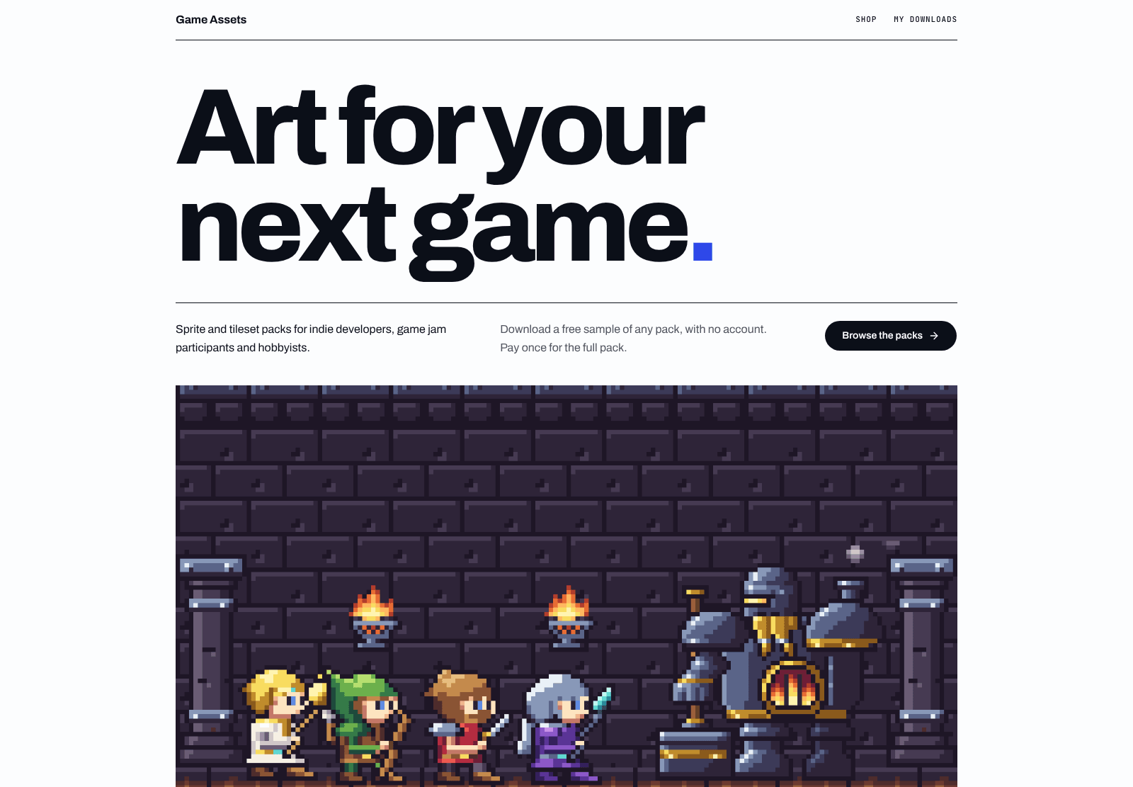 The Game Assets home page: “Art for your next game” above pixel-art heroes facing a knight in a dungeon