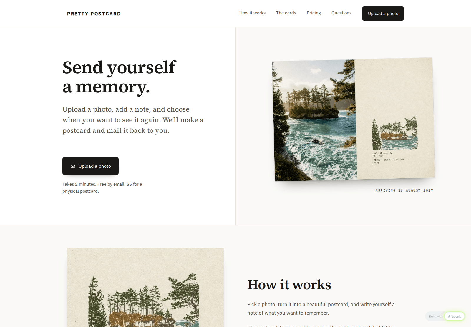 The Pretty Postcard homepage: “Send yourself a memory” beside a photo postcard of a Pacific Northwest cove