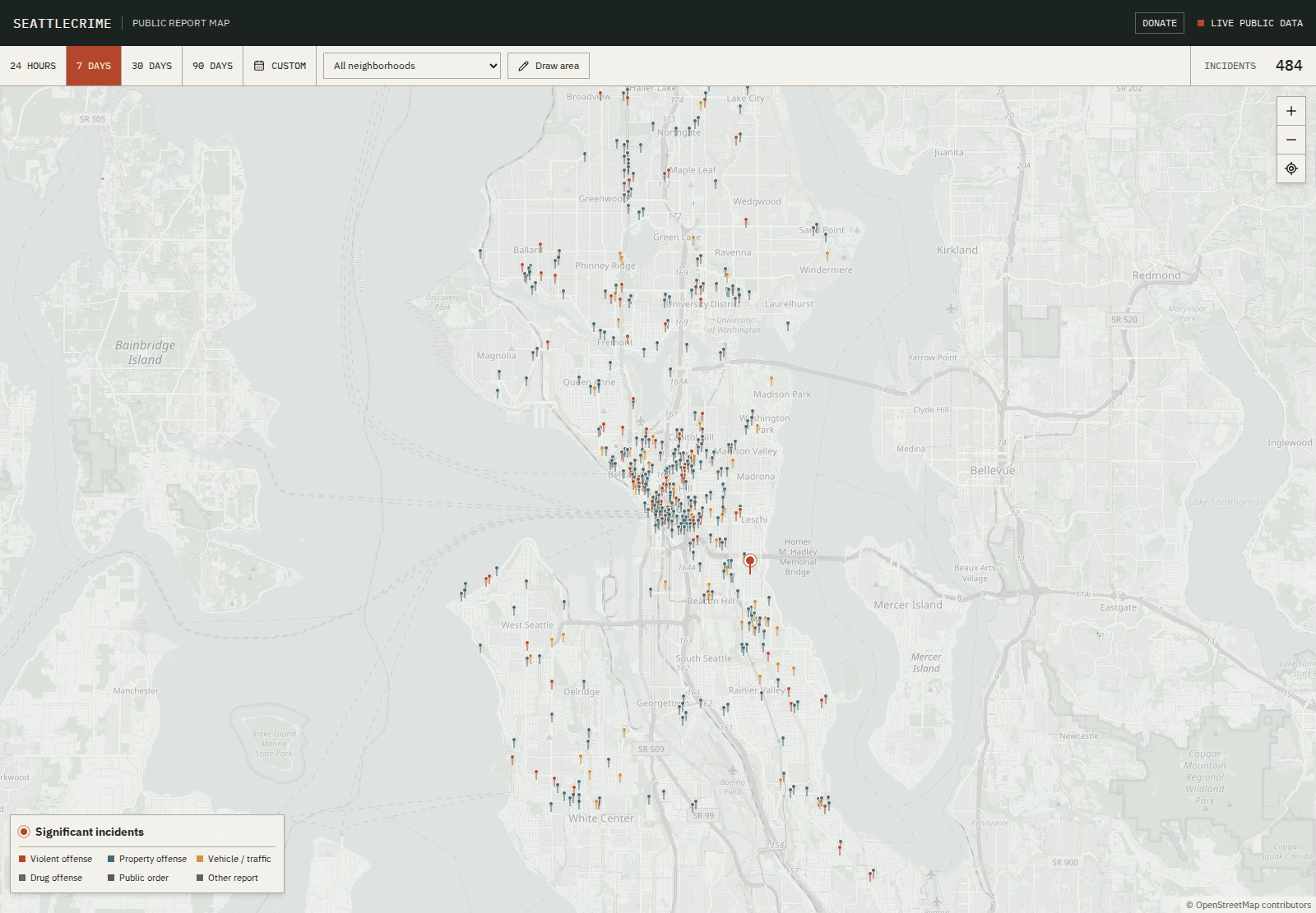 The SeattleCrime public report map: hundreds of incident pins across a map of Seattle