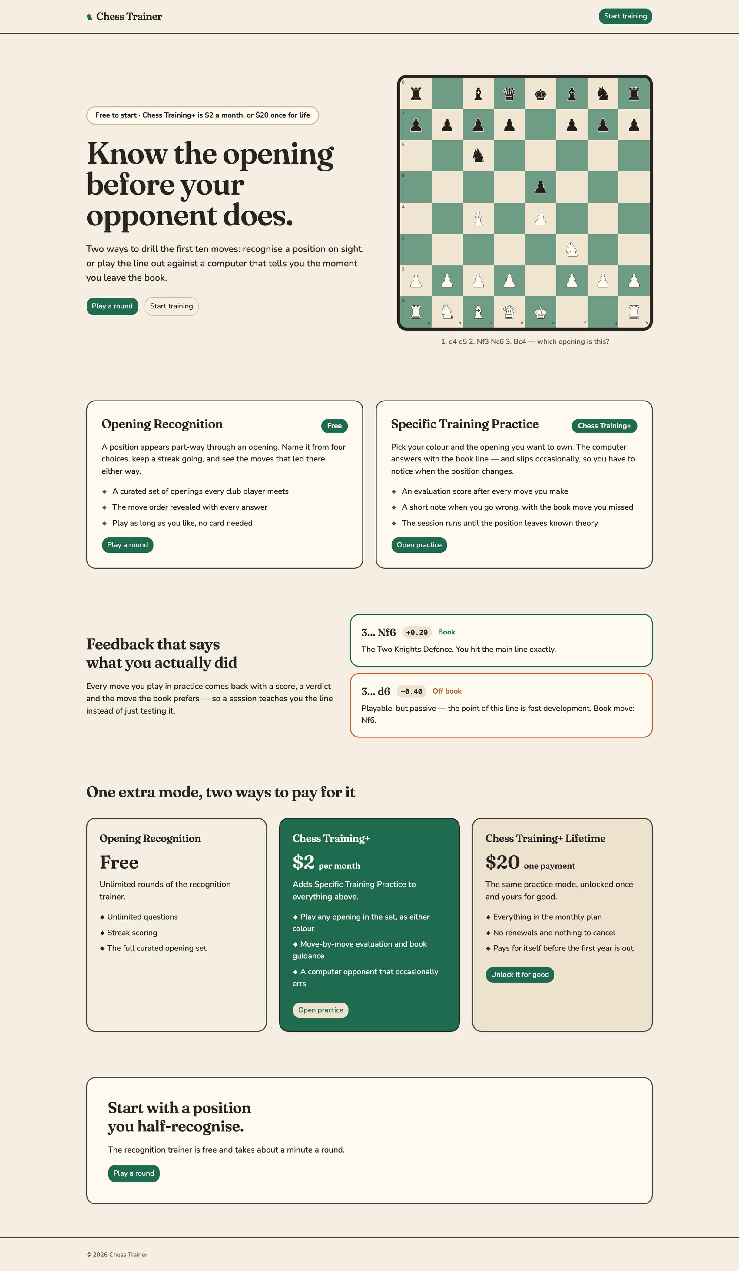 The Chess Trainer home page: “Know the opening before your opponent does” beside a chessboard mid-Italian-Game