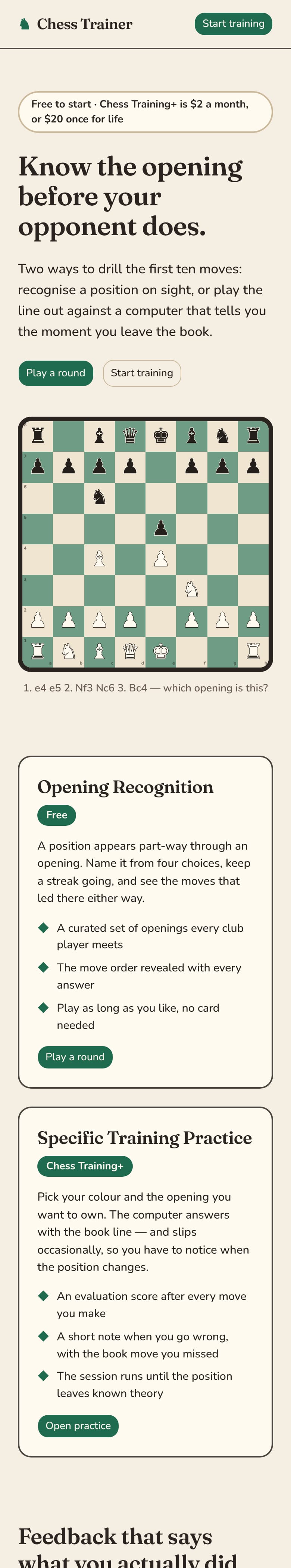 The Chess Trainer home page: “Know the opening before your opponent does” beside a chessboard mid-Italian-Game