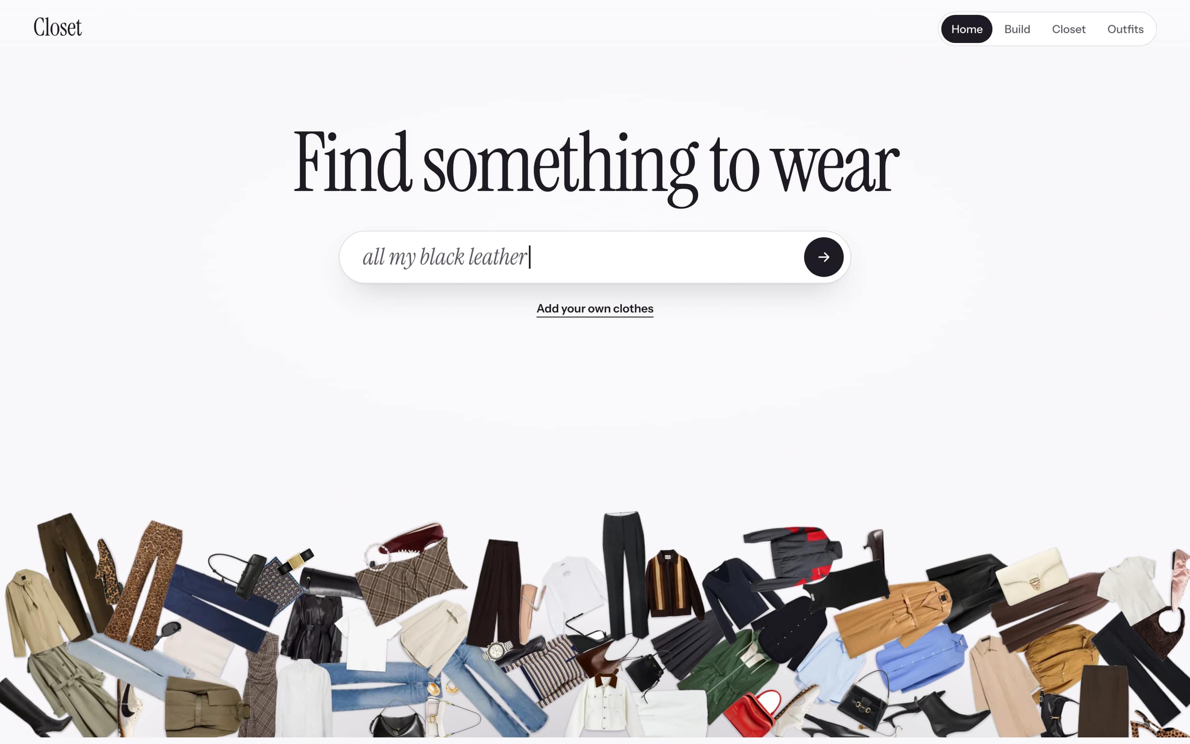 The Closet home page: “Find something to wear” above a heap of clothes